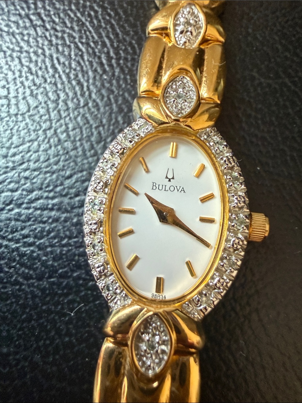 Bulova Gold and White Crystal-Trim Oval Ladies Watch